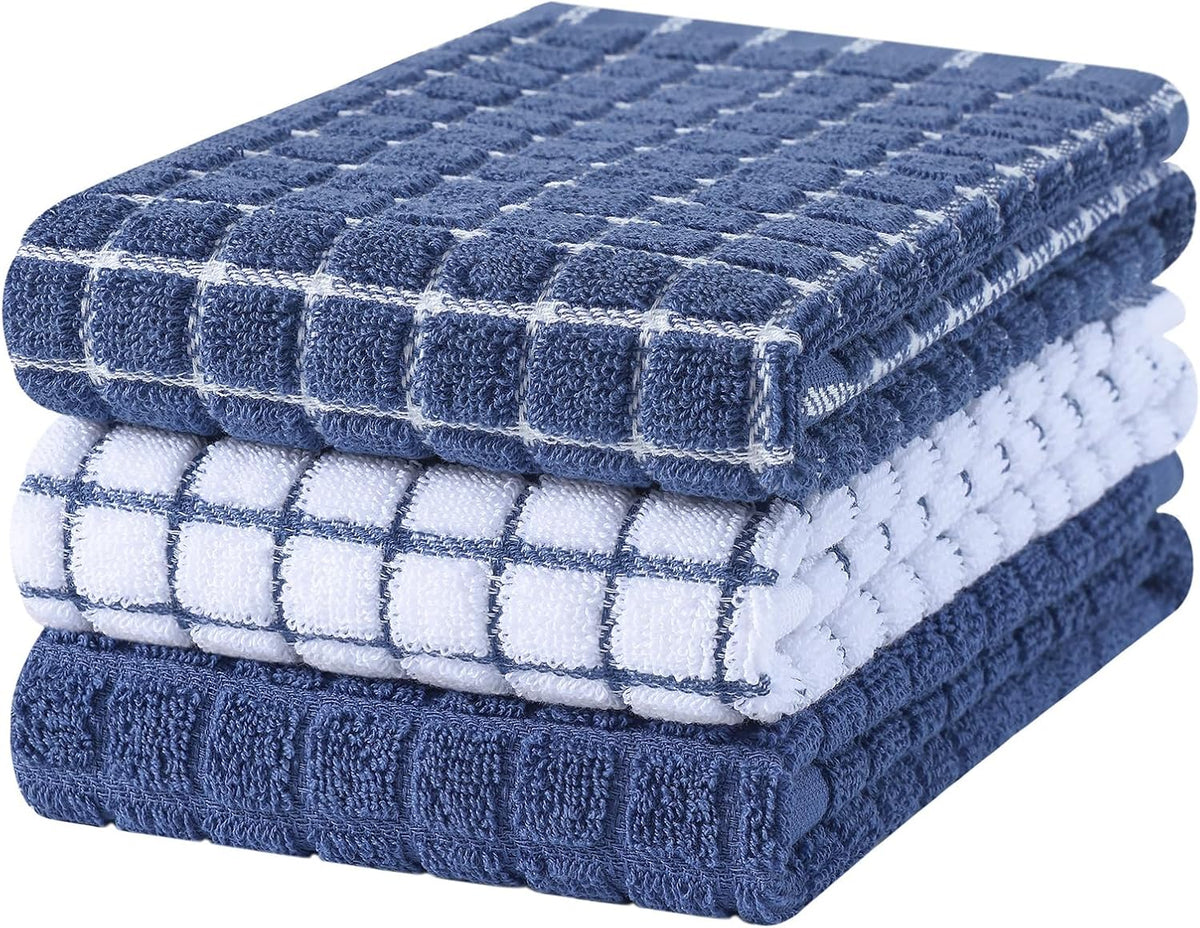 Homaxy 100% Cotton Premium Terry Check Kitchen Towels 3 Pack, Navy Blue