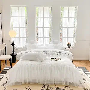 SOUKECHY Lace Ruffled Duvet Cover Set, White Chic Princess Bedding with Cute Bow, Twin Size, 100% Polyester, Lightweight, Zipper Closure