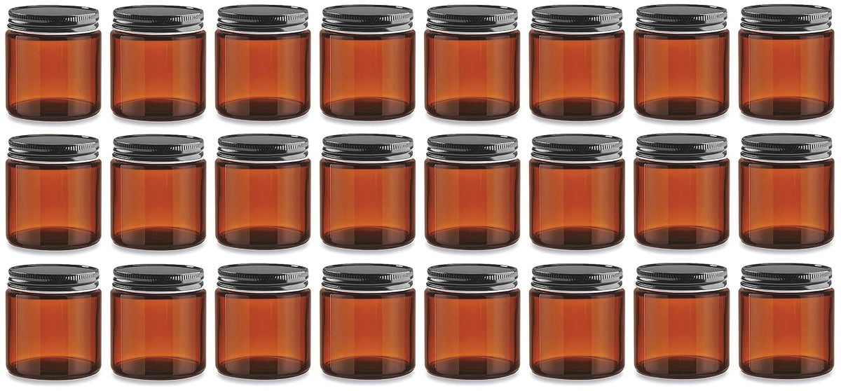 North Mountain Supply 4 Ounce Amber Glass Straight Sided Mason Canning Jars - with 58mm Black Metal Lids - Case of 24