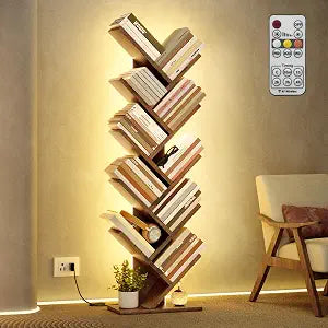 Hoctieon 10 Tier Tree Bookshelf with LED Light, Small Bookcase, Freestanding Book Shelf, Display Floor Standing Storage Shelf, Book Organizer Shelves for Home Office, Living Room, Corner, Rustic Brown