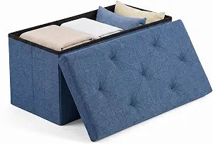 OLIXIS 30 Inch Folding Storage Ottoman Bench, Blue Ottoman with Storage
