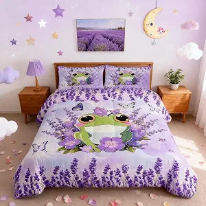 Cute Frog Kids Comforter Set Twin Size,Lavender Flowers Butterfly Romantic Bedding Set,Girls Boys Women Room Decor,Cartoon Animals Kawaii Down Comforter,Purple Dreamy Duvet Insert,1 Pillowcase