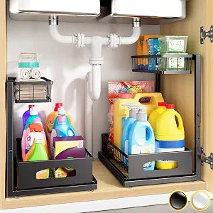 Under Sink Organizer, 2-Pack L-Shaped Metal Pull-Out Drawers for Kitchen