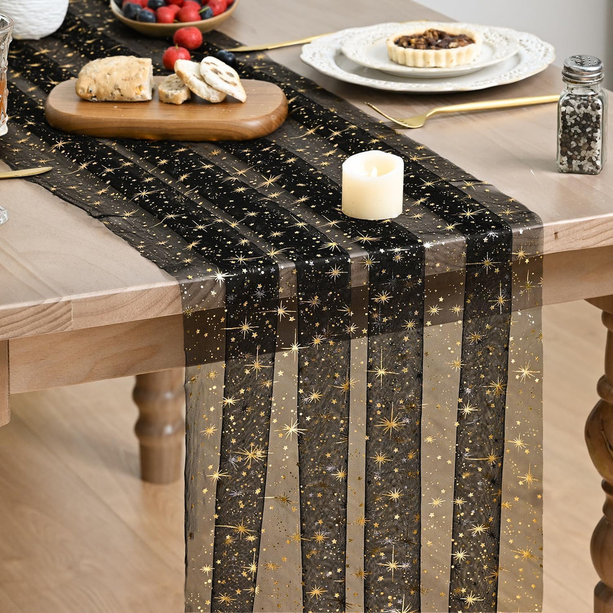 Artoid Mode Gold Stars Black Gauze Table Runner 120 Inch 10FT, Reversible Glitter Sheer Dining Wedding Holiday Birthday Table Decor for Home Party