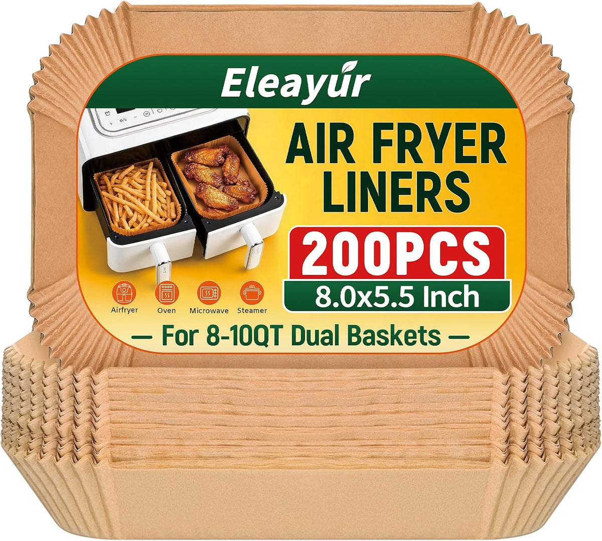 200Pcs Air Fryer Liners for Ninja Dual Airfryer, 8x5.5 Inch Rectangle Disposable Air Fryer Parchment Paper for Ninja DZ201/ DZ401/ DZ550, Bella Slim Airfryer & More, Air Fryer Accessories