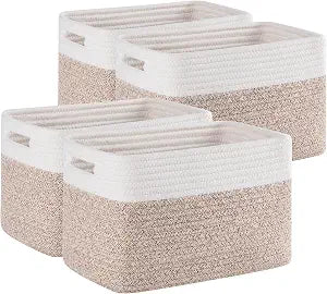 4 Pack Storage Baskets for Organizing, Woven Baskets for Shelves - Perfect for Toys, Books, Towels, and Clothes, Durable Gift Basket Bins Toy Storage, 12.7''Lx9''Wx7.8''H, Brown & White
