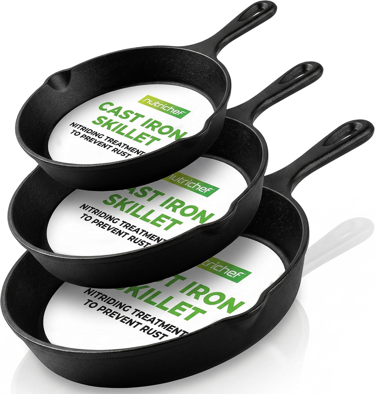 NutriChef 3 Pieces Pre-Seasoned Cast Iron Skillets