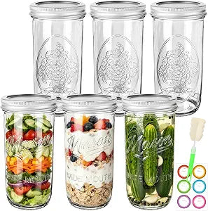 24 oz Wide Mouth Mason Jars 6-Pack with Embossed Pattern & Volume Marks