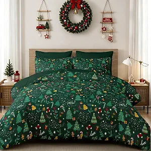 WONGS BEDDING Christmas King Duvet Cover Set, Green Gingerbread Trees