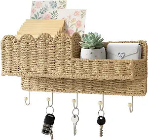 AELS Scalloped Woven Wall Mount Key Holder with 5 Hooks, Decorative Paperstraw Mail Organizer for Entryway, Wave Design Ratten Key Rack, Entryway Organizer, Living Room & Hallway Decor, Natural