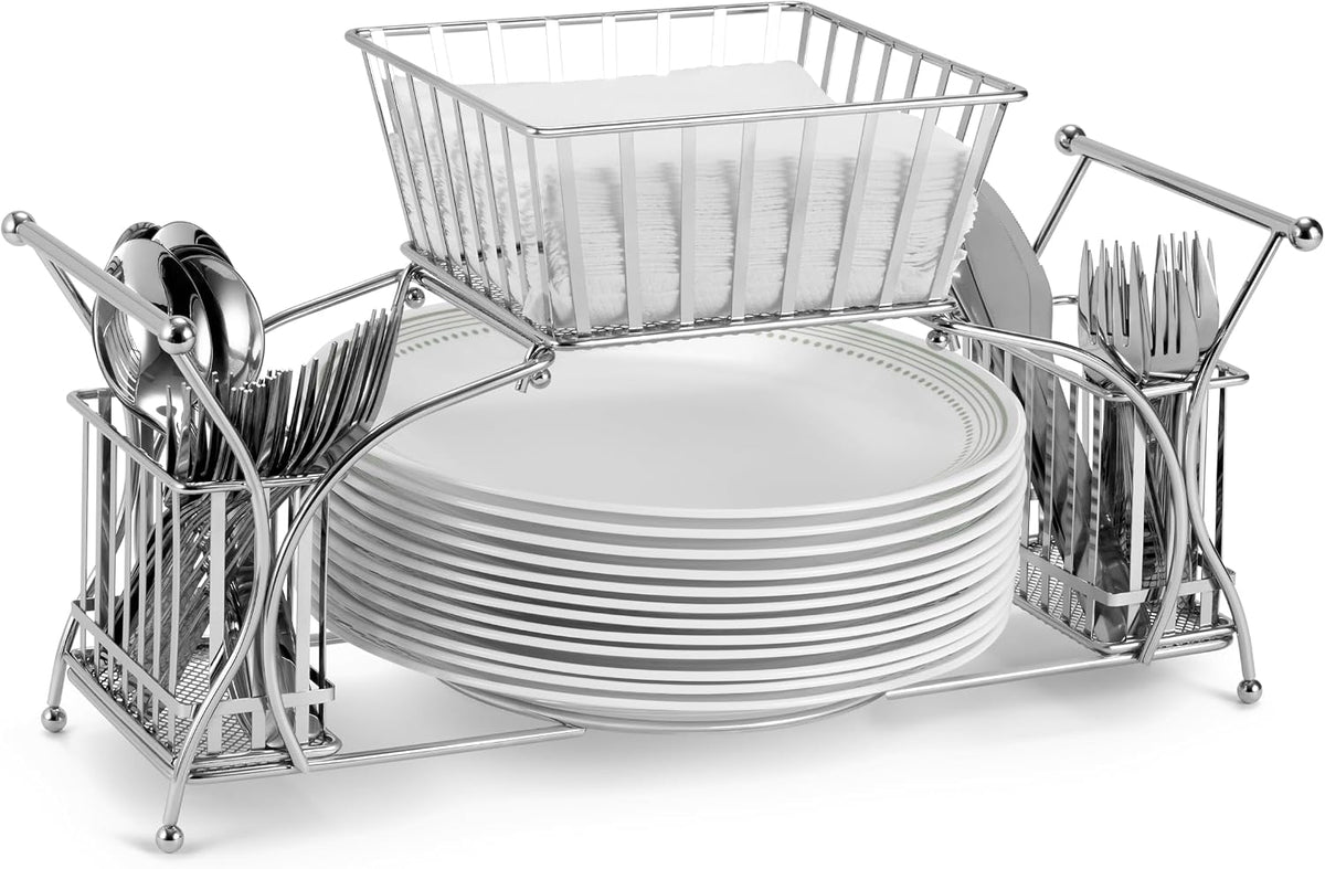 Sorbus Buffet Caddy, Stackable Utensil, Napkin & Plate Holder (Silver)