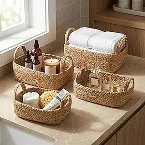 Beautiful Storage Basket Set of 4 - Natural Jute Rope Bins for Shelves