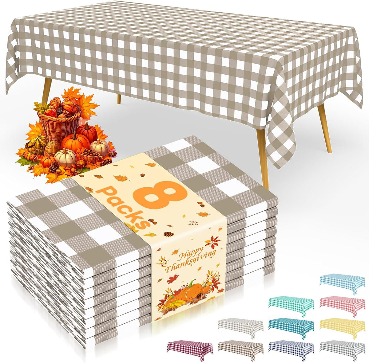 Smiry 8 Packs Gingham Disposable Table Cloth, 54 x 108 Inch Waterproof Plastic Tablecloth, Rectangle Khaki and White Checkered Table Covers for Outdoor, Birthday, Party