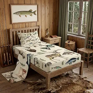 Erosebridal Hunting and Fishing Twin Bedding Set,Deer Hunting Bed Sheets for Kids Boys Girls,Big Bass Pike Fish Fitted Sheet Set,Rustic Cabin Lake House Sheets Room Decor with 1 Pillowcase