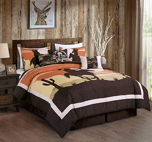Chezmoi Collection Paseo 7-Piece Southwestern Sunset Cowboys Comforter Set - Multicolor Orange Brown Yellow White Printed Washed Microfiber Bedding, Queen