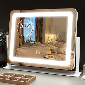 ROLOVE Vanity Mirror with Lights 15"x12", Lighted Makeup Mirror with 10X Magnification, 3 Color Lighting & Dimmable Brightness, Light Up Mirror for Desk, Bedroom, Bathroom