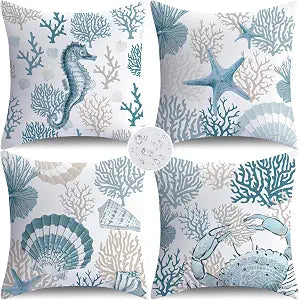 NIGHTWISH Coastal Beach Summer Outdoor Waterproof Throw Pillow Covers 18x18 Set of 4 Ocean Nautical Cushion Cases for Patio Furniture Bench Couch Sunbrella