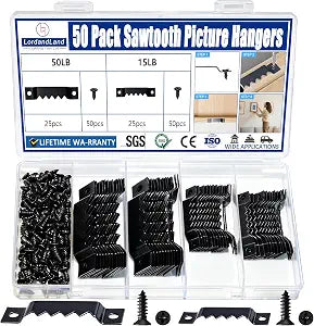 50 Pack Sawtooth Picture Hangers  Small & Heavy-Duty Wall Hanging Kit, 2 Sizes for Photo Frames, Art, Paintings, Canvas Hooks, and Picture Hanging Hardware