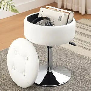 White Swivel Vanity Stool With Storage Vanity Chair for Makeup Room Ottoman