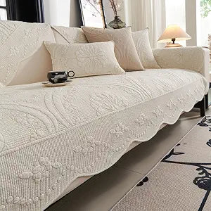 vctops Cotton Quilted Couch Cover Farmhouse Counrty Floral Embroidered Sofa Cover Non Slip Soft Scalloped Sofa Slipcover Washable Furniture Protector for Dog Pet Cat (Cream,28"x28")