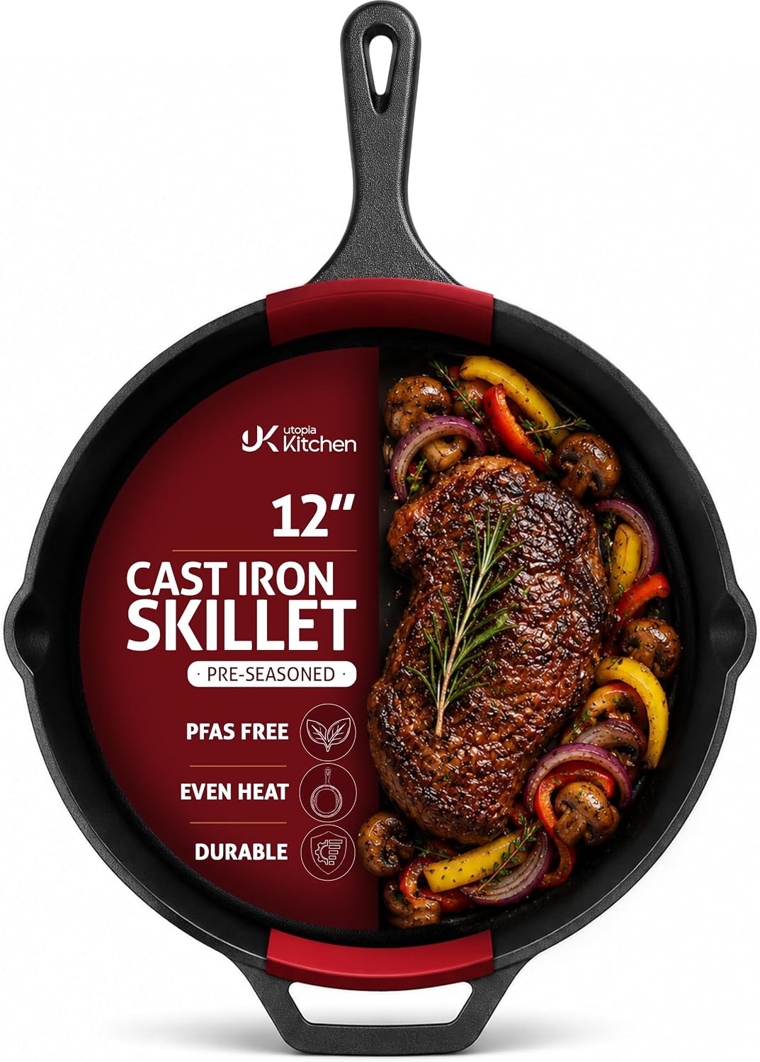 Utopia Kitchen Cast Iron Skillet 12 Inch Pre-Seasoned PFAS-Free Black