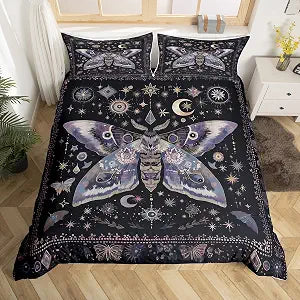 Erosebridal Black and Purple Moth Queen Duvet Cover,Moon and Stars Boho Bedding Set for Kids Adults,Bohemian Butterfly Wildlife Bed Set Trippy Galaxy Duvet Cover 3Pcs (No Comforter)
