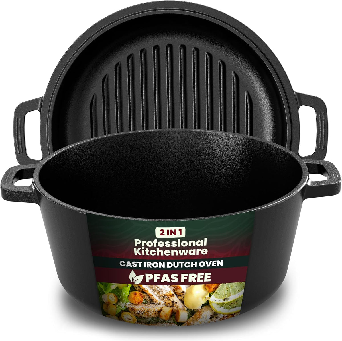 KICHLY Cast Iron Dutch Oven 5 QT with Skillet Lid Pre-Seasoned PFAS-Free