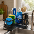 Sink Caddy with Drain, L-Shaped Sponge Holder for Kitchen Sink, Black