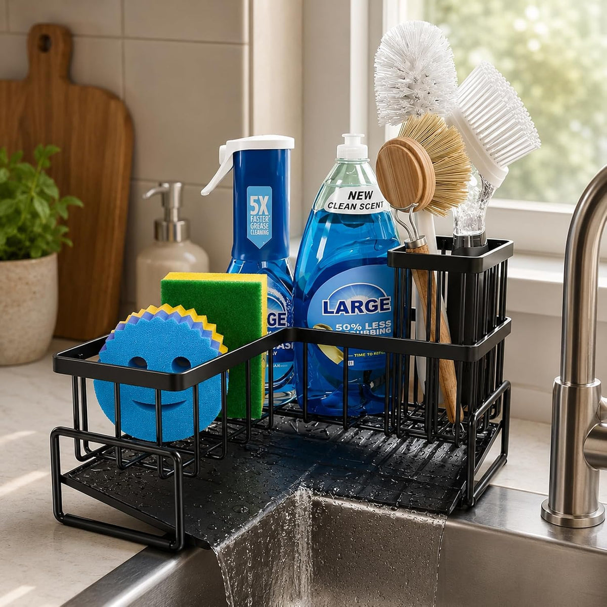 Sink Caddy with Drain, L-Shaped Sponge Holder for Kitchen Sink, Black