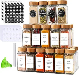 DIMBRAH Spice Jars with Label 24Pcs,Seasoning Containers,Glass Spice Jars with Bamboo Lids,Kitchen Essentials,Spices Container Set,Kitchen Set,Seasoning Organizer,A total of 96 oz