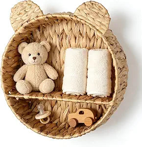Bear Water Hyacinth Wicker Wall Floating Shelf, Handwoven Boho Hanging Decor & Woodland Storage Organizer for Bedroom, Bathroom, Living Room, Books & Toys