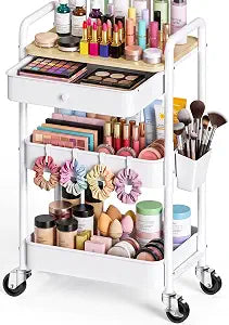 3 Tier Metal Rolling Cart with Drawers and Wooden Table Top