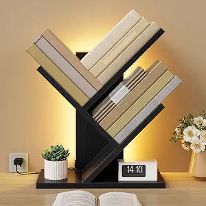 Tajsoon Small Bookshelf with Light 3-Tier Tree Bookshelf, Black