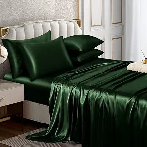Horbaunal 6 Piece Satin Sheet Set Queen, Emerald Green Queen Bed Sheets