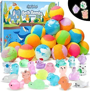 20 Pack Organic Bath Bombs for Kids with Glow-in-The-Dark Toys Inside