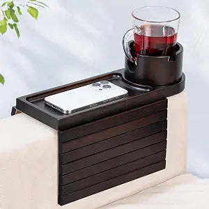 Couch Cup Holder for Armrests Over 4.9" Wide with 360 Phone Stand Walnut