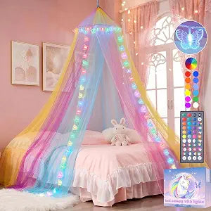 Rainbow Bed Canopy with 34 Colors Butterfly Lights for Girls