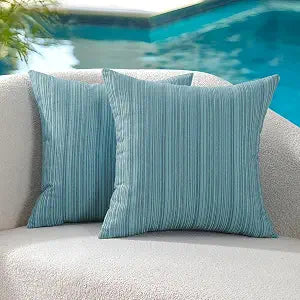 VAKADO Outdoor Chenille Pillow Covers 18x18 Set of 2,Waterproof UV Fade Resistant Stripe Patio Pillow Cushion Covers for Furniture Decorative Porch Couch Throw Pillow Cases for Garden Bench Teal