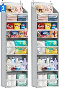 AOODA 2 Pack Over the Door Organizer, Large Capacity Closet Door Hanging Organizer, Clear Deep Pockets Baby Organizer Storage for Nursery, Bathroom, Bedroom, Pantry, Diapers (Grey)
