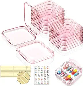 12 Pcs Press On Nail Containers 3x3in Pink Plastic Nail Tips Holder,Organizer Box with 30 Adhesive Glue Tabs for Fake Nail Display,Nail Storage Case for Salon Business & Home Use