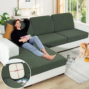 Clearance Sectional Couch Covers for L Shaped Chaise Lounge 1 Piece Separate Cushion Couch Universal Replacement Large Checkered Furniture Protector with Elastic Bottom (Chaise Cover, Army Green)