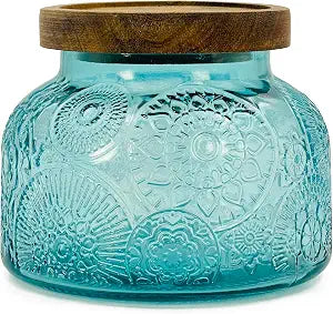 Decorative Blue Embossed Glass Jar with Airtight Wooden Lid, 25.4 fl. oz