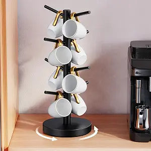 Coffee Mug Holder Tree, Upgraded 360 Rotated Coffee Cup Holder for Counter, Wood Coffee Mug Tree, Coffee Mug Rack with 8 Hooks, Coffee Mug Organizer Station, Mug Stand Coffee Bar Accessories, Black