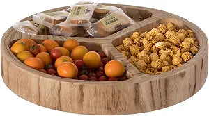 3 Sectional Wooden Snack Platter, Divided Serving Tray with Burned Black Finish, Lazy Susan Charcuterie Board for Dining Table, Kitchen, Nut or Snack Serving