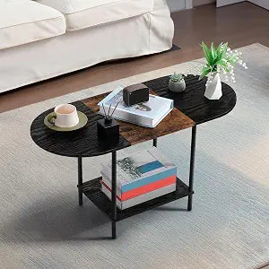 Coffee Tables for Living Room,Mid Century Small Oval Center Table with 2-Tier Storage Shelf and Wood Tabletop,Farmhouse Narrow Cocktail Tea Table for Small Space,Apartment,Black Brown