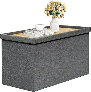 B FSOBEIIALEO Storage Ottoman Bench with Tray, 30" Folding Linen Chest,Grey