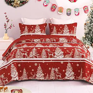 Exclusivo Mezcla Christmas Quilts Twin Size Bedding Set, Red