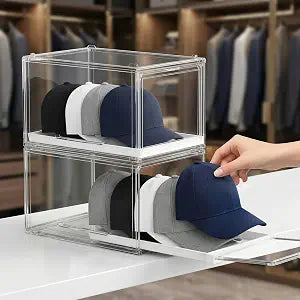 Hat Organizer for Baseball Caps: 2 Pack Clear Stackable Boxes Holds 16 Caps