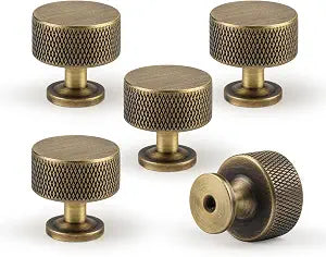 1.1" Knurled Solid Brass Cabinet Knobs, Antique Brass 5-Pack