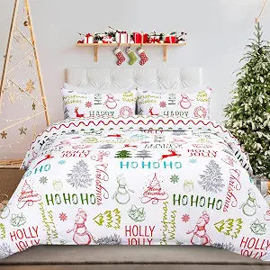 FRAMICS Christmas Duvet Cover Queen Size 3-Piece Set with Snowman & Tree Pattern, Pillow Shams & Zippered Comforter, 90" x 90"